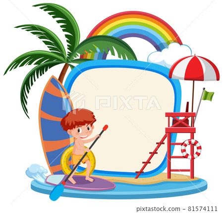 Blank banner template with many kids on summer vacation at the beach isolated Blank banner template with many kids on summer vacation at the beach isolated 81574111