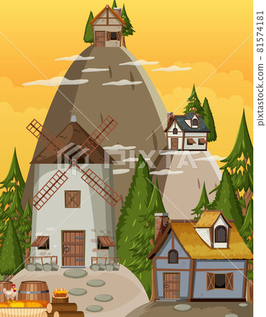 Medieval village scene with windmill and houses 81574181