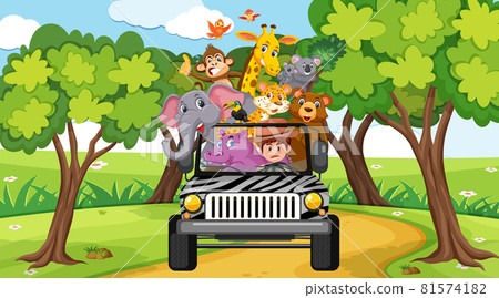 Safari scene at daytime with wild animals on the tourist car 81574182