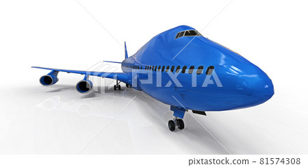 Large passenger aircraft of large capacity for long transatlantic flights. Blue airplane on white isolated background. 3d illustration. 81574308