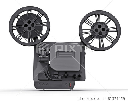 Black 3d cinema film projector isolated on white background. 3d rendering. Black 3d cinema film projector isolated on white background. 3d rendering. 81574459