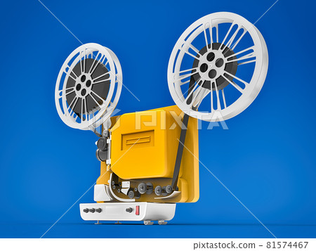 Yellow 3d cinema film projector isolated on blue background. 3d rendering. Yellow 3d cinema film projector isolated on blue background. 3d rendering. 81574467