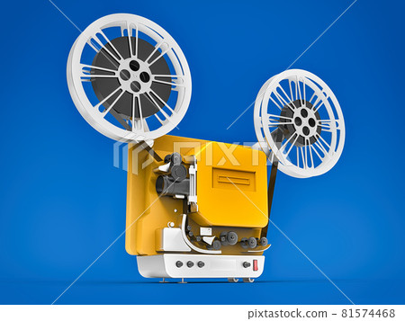 Yellow 3d cinema film projector isolated on blue background. 3d rendering. Yellow 3d cinema film projector isolated on blue background. 3d rendering. 81574468