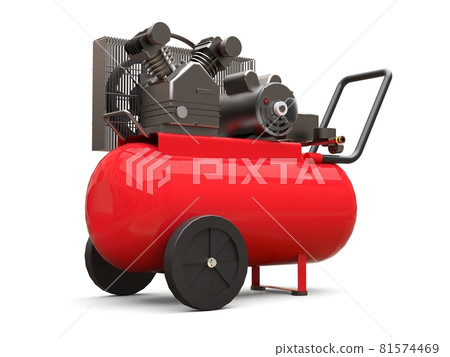 Red horizontal air compressor isolated on a white background. 3d illustration. Red horizontal air compressor isolated on a white background. 3d illustration. 81574469