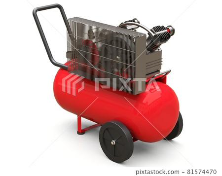 Red horizontal air compressor isolated on a white background. 3d illustration. Red horizontal air compressor isolated on a white background. 3d illustration. 81574470