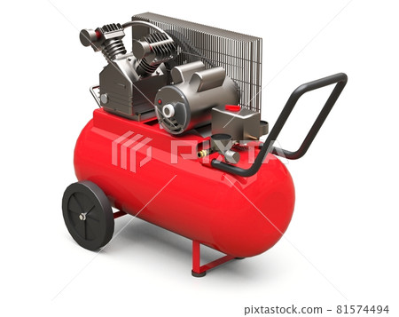 Red horizontal air compressor isolated on a white background. 3d illustration. 81574494