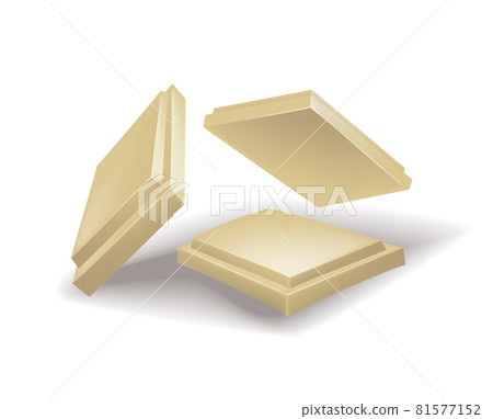 Realistic chocolate pieces of white chocolate. Chunk of cocoa dessert or square chocolate candy. Food sweet snack isolated on white background Realistic chocolate pieces of white chocolate. Chunk of cocoa dessert or square chocolate candy. Food sweet snack isolated on white background 81577152