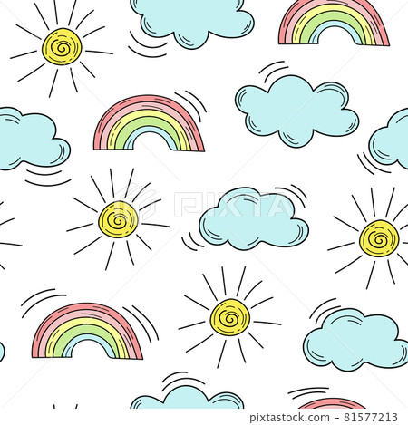 Cute seamless pattern with a rainbow, clouds... - Stock Illustration ...