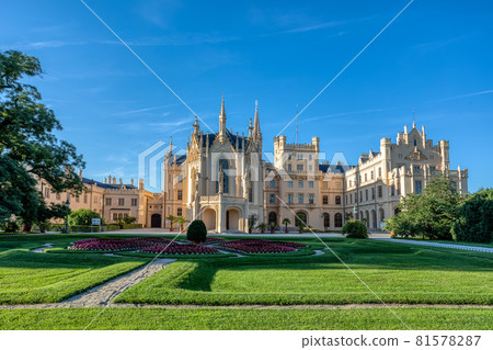Lednice Chateau with beautiful gardens and parks on sunny summer day Lednice Chateau with beautiful gardens and parks on sunny summer day 81578287