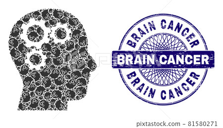 Brain Gears Recursion Collage of Brain Gears Icons and Scratched Brain Cancer Round Guilloche Seal 81580271