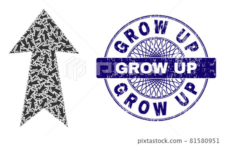 Arrow Up Recursion Mosaic of Arrow Up Items and Scratched Grow Up Round Guilloche Seal 81580951