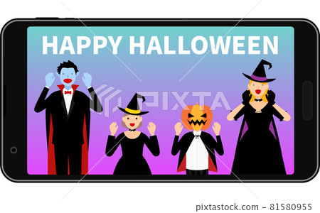 智能手機、德古拉、女巫和傑克·O 燈籠上的在線萬聖節派對 81580955