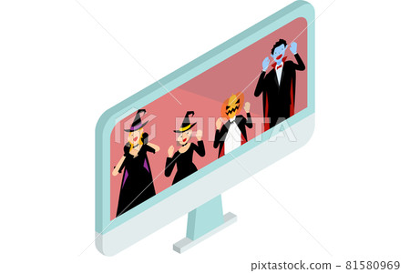 等軸測圖，一家人在網上萬聖節派對上享受服裝 81580969