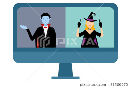 身著服裝的男女舉辦在線萬聖節派對 81580970