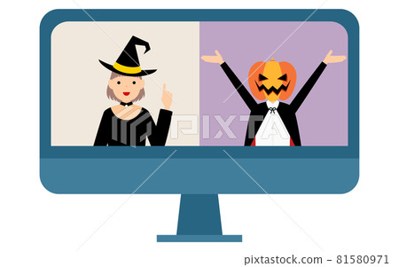 男孩和女孩身著服裝舉辦在線萬聖節派對 81580971