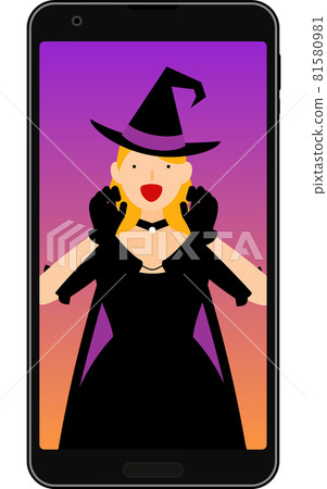 一個打扮成德古拉的男人在他的智能手機上舉辦在線萬聖節派對 81580981