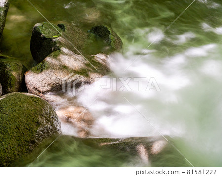 A view of a clear mountain stream in summer, a water stream taken with a slow shutter A view of a clear mountain stream in summer, a water stream taken with a slow shutter 81581222