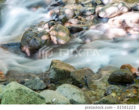 夏季清澈的山間溪流,慢速快門拍攝的水流 夏季清澈的山間溪流,慢速快門拍攝的水流 81581223