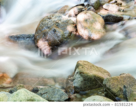 夏季清澈的山間溪流,慢速快門拍攝的水流 夏季清澈的山間溪流,慢速快門拍攝的水流 81581224