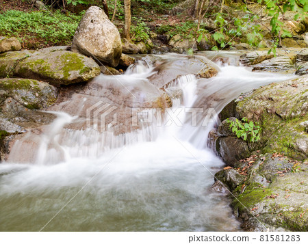 夏季清澈的山間溪流，慢速快門拍攝的水流 81581283