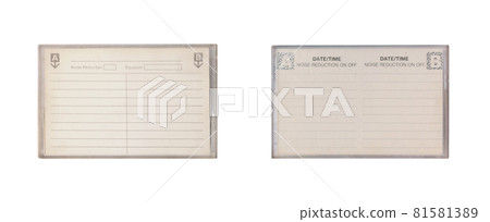 Empty cassette tape cover with plastic box isolated on white background. Audio tape record. 80s vintage song music album collection. 81581389