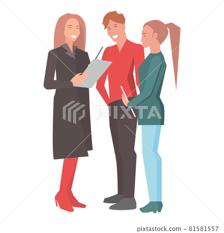 Two Women and Man Standing and Holding Reports 81581557