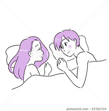 A man staring at the sleeping face of a woman sleeping happily in bed 81582334