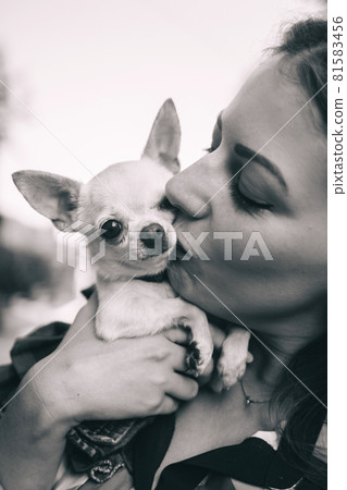 The girl holds a mini chihuahua in her arms. Kissing your pet. The dog and the owner are dressed in the same color. Clothes for animals. Love and care for four-legged pets. The girl holds a mini chihuahua in her arms. Kissing your pet. The dog and the owner are dressed in the same color. Clothes for animals. Love and care for four-legged pets. 81583456