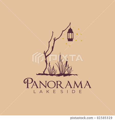 dry tree, lantern and flying fire fly on the lake side logo design dry tree, lantern and flying fire fly on the lake side logo design 81585319