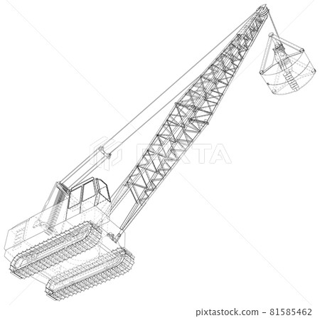 Mining machine. The machine of quarry mining works. The layers of visible and invisible lines are separated. Wire-frame outline Mining machine. The machine of quarry mining works. The layers of visible and invisible lines are separated. Wire-frame outline 81585462