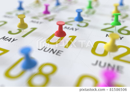 June 1 date marked with red pushpin on a calendar, 3D rendering 81586506