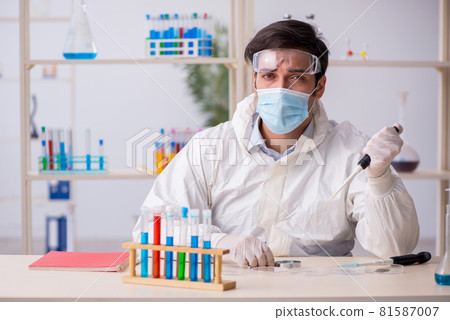 Young male chemist working at the lab during pandemic 81587007