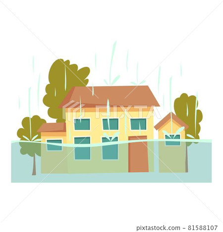 Rain flood house icon cartoon vector. City water disaster Rain flood house icon cartoon vector. City water disaster 81588107
