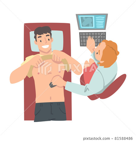Medical Check-up with Female Doctor in White Coat Examining Patient with Ultrasonography Vector Illustration 81588486