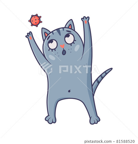 Funny Blue Cat with Striped Tail Playing with Rubber Ball Vector Illustration 81588520