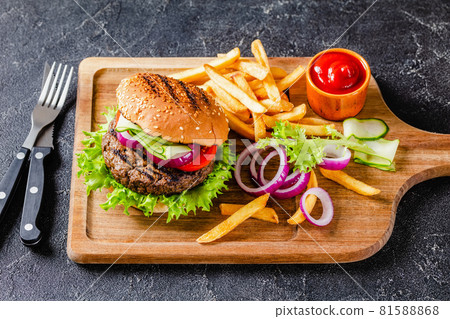 Grilled Hamburger with Lettuce, Tomato, Red Onion Grilled Hamburger with Lettuce, Tomato, Red Onion 81588868