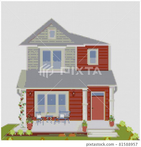 Beautiful detached house with gray roof. Country cottage. Front of the house and garden. Grassy lawn and spring suburban landscape Beautiful detached house with gray roof. Country cottage. Front of the house and garden. Grassy lawn and spring suburban landscape 81588957
