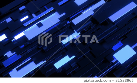 3d render. Dark science fiction blue background. Abstract dark bg neon cubes light bulbs. Different sizes cubes network lighting blue neon light. Blockchain technology visualization 81588965