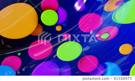 abstract background of shiny glossy surface like wavy blue liquid with rainbow color circles like drops of paint in oil. Beautiful creative background with color gradient. 3d render 81588973
