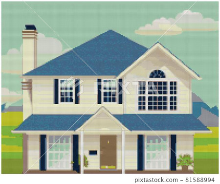Beautiful detached house with blue roof. Country cottage. Front of the house and garden. Grassy lawn and spring suburban landscape Beautiful detached house with blue roof. Country cottage. Front of the house and garden. Grassy lawn and spring suburban landscape 81588994