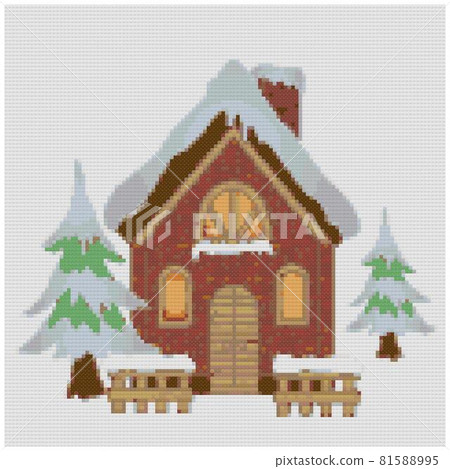 House facade. Wooden cottage. Snowy Suburban House, Rural Winter Cottage with Chimney. House facade. Wooden cottage. Snowy Suburban House, Rural Winter Cottage with Chimney. 81588995