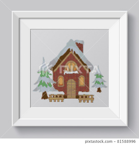 House facade. Wooden cottage. Snowy Suburban House, Rural Winter Cottage with Chimney. 81588996