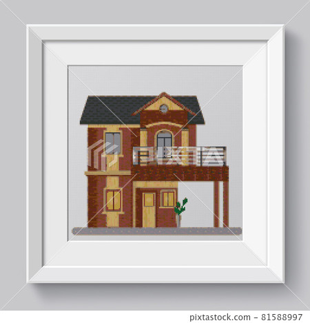 House facade. Wooden cottage, modern architecture. Front view of the building. House facade. Wooden cottage, modern architecture. Front view of the building. 81588997