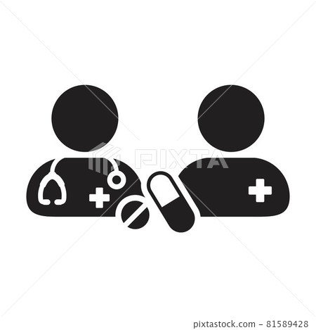 Physician icon doctor with patient vector with pill and tablet for medical treatment and consultation in a glyph pictogram illustration 81589428