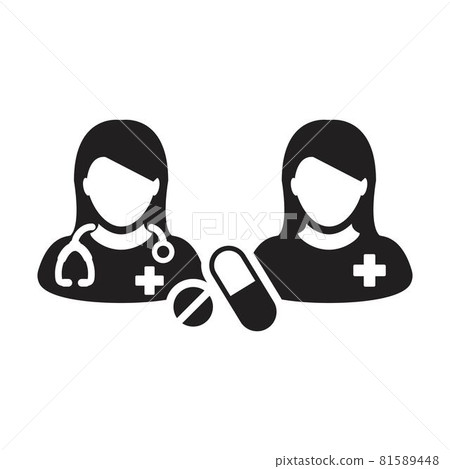 Healthcare icon doctor with patient vector with pill and tablet for medical treatment and consultation in a glyph pictogram illustration Healthcare icon doctor with patient vector with pill and tablet for medical treatment and consultation in a glyph pictogram illustration 81589448