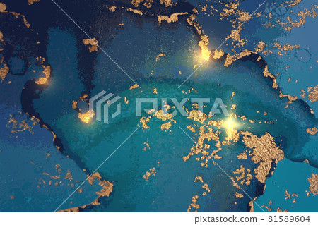 Abstract aquamarine blue and gold alcohol ink pattern with marble texture 81589604