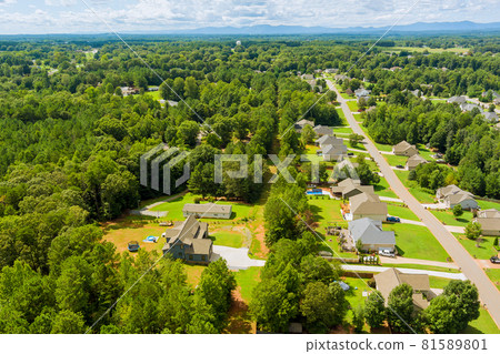Panoramic view Boiling Springs town countryside landscape of a small sleeping area roofs of the houses in South Carolina USA 81589801