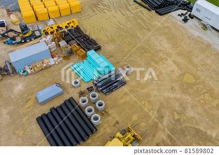 Preparation for installation works in plastic PVC pipes lying on the construction site ground 81589802