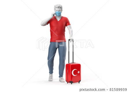Man wearing face mask pulls a suitcase textured with flag of Turkey. 3D illustration 81589939