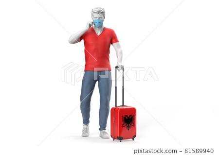 Man wearing face mask pulls a suitcase textured with flag of Albania. 3D illustration Man wearing face mask pulls a suitcase textured with flag of Albania. 3D illustration 81589940